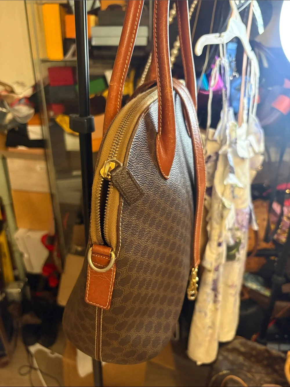 Celine Brown Monogram Messenger Bag with Tan Leather Trim